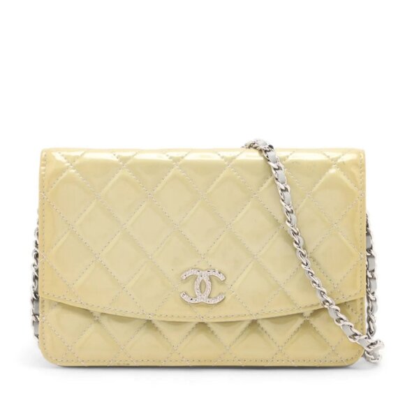 Chanel CC Logo Matelasse Patent Leather Chain Wallet Yellow - Picture 1 of 13